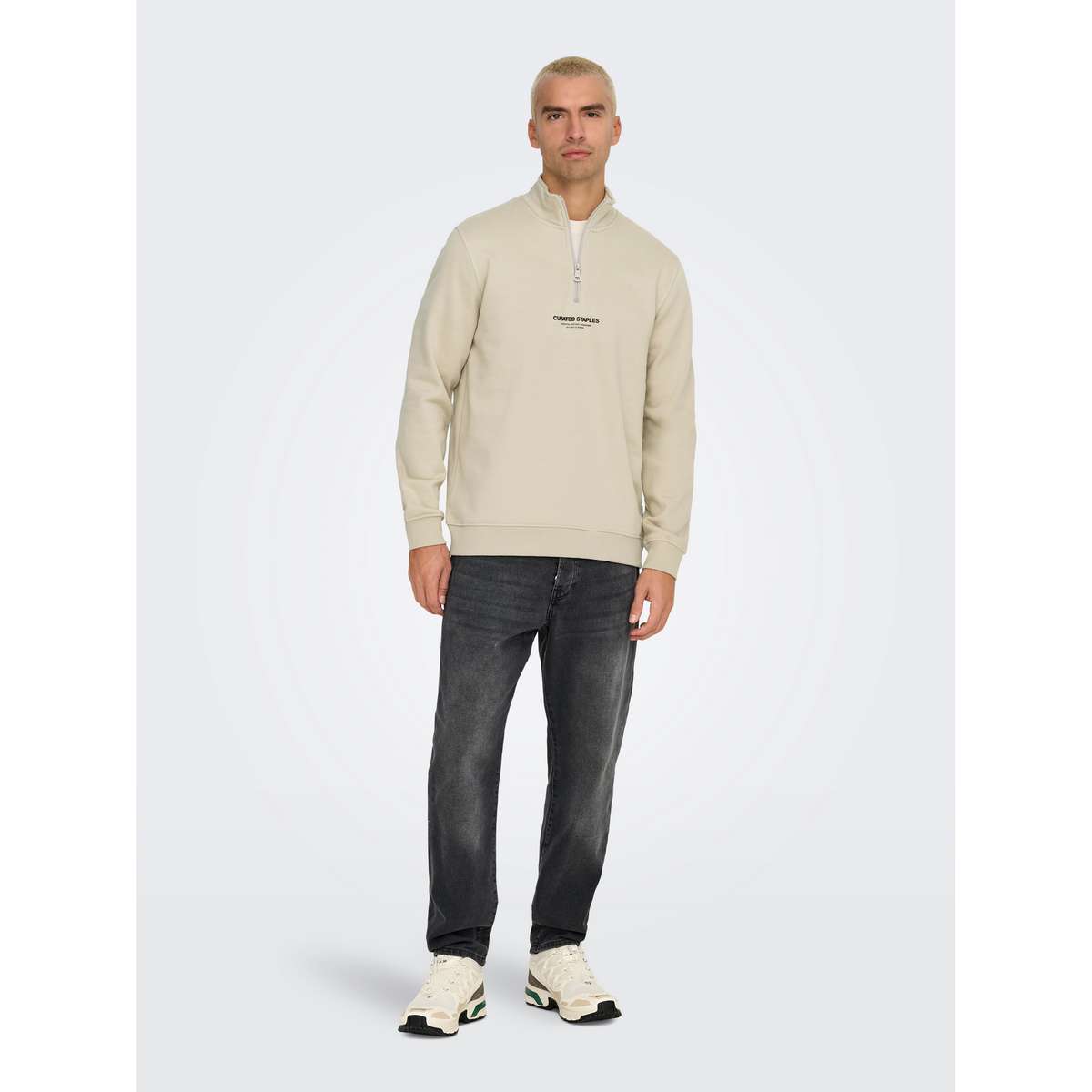ONLY & SONS CURATED MEN΄S REGULAR FIT COTTON HALF ZIP SWEATSHIRT SILVER LINING / BEIGE - Μπεζ - S